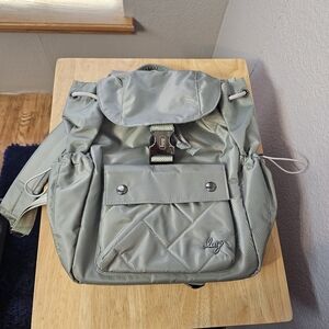 Lug Wiffle Satin Sage Green Backpack Nylon Flap Buckle Quilted Pocket Travel